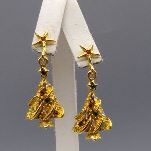 Vintage Christmas Tree Earrings, Gold Tone Dimensional Dangles with Colorful